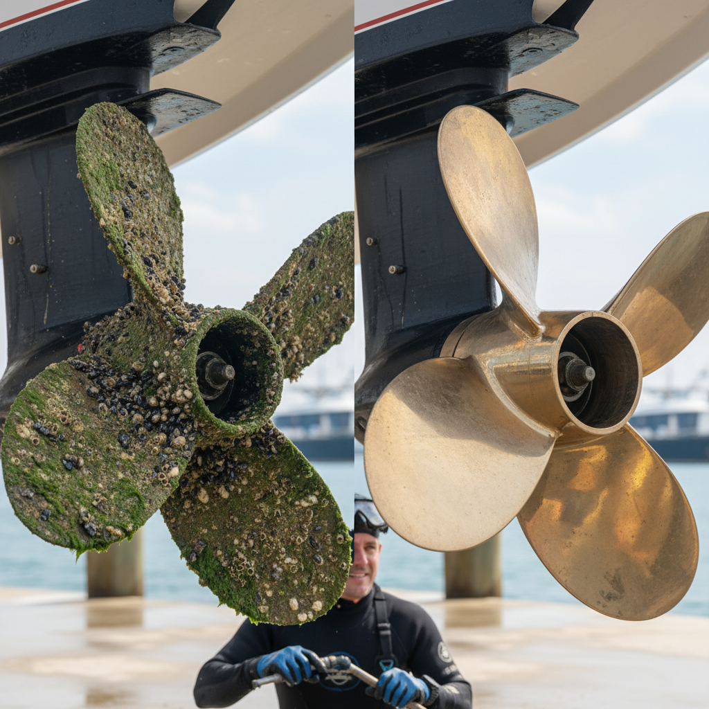 Comparison of marine growth drag on a propeller vs a clean one