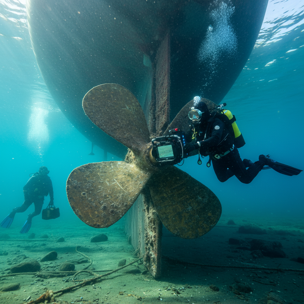 Professional diver performing in-water hull cleaning San Francisco for fuel optimization
