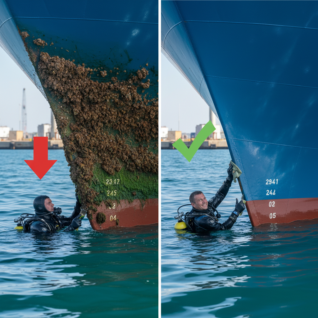 Comparison of fouled vs clean hull showing fuel efficiency gains