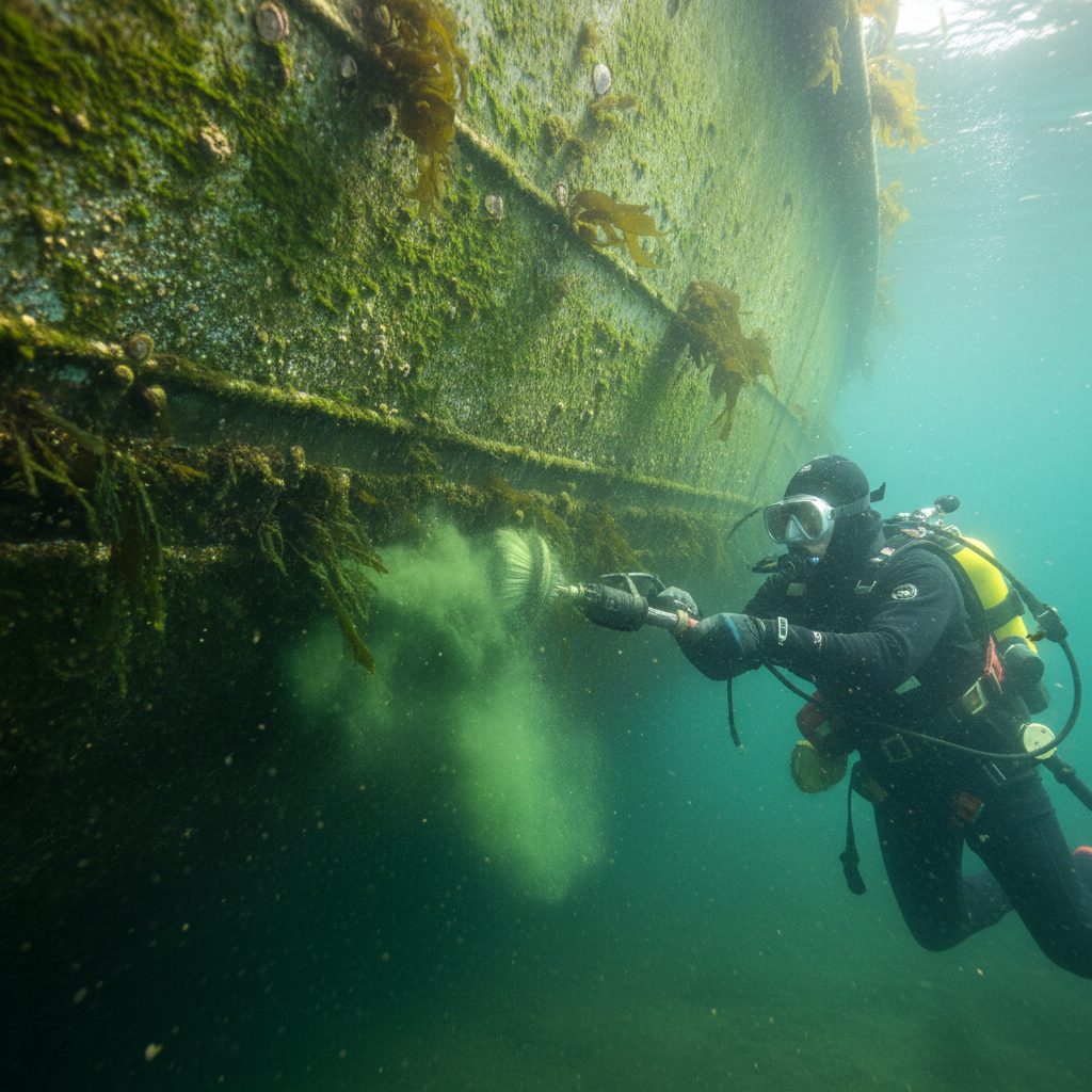 Close-up of Richardson Bay marine growth and slime on a boat hull before hull cleaning Sausalito