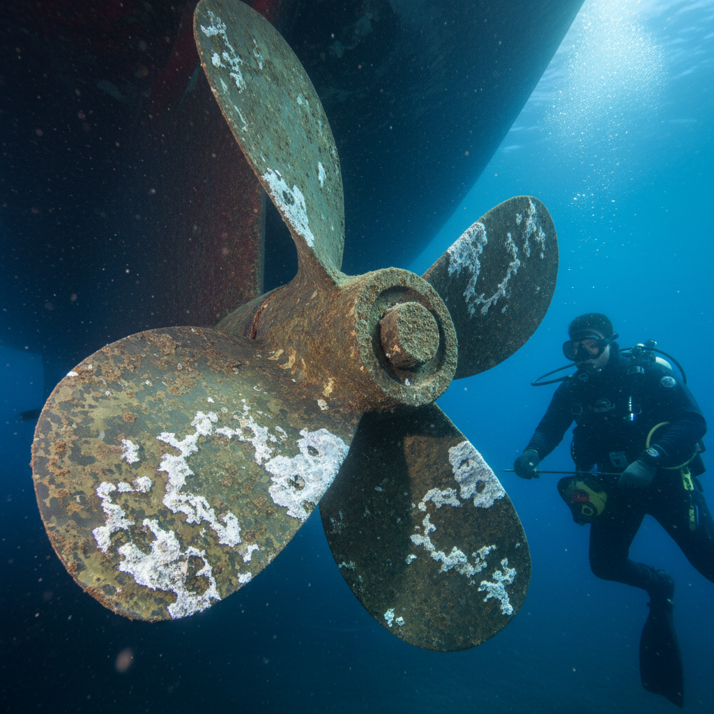 Severe corrosion from Oakland Estuary electrolysis on a boat propeller