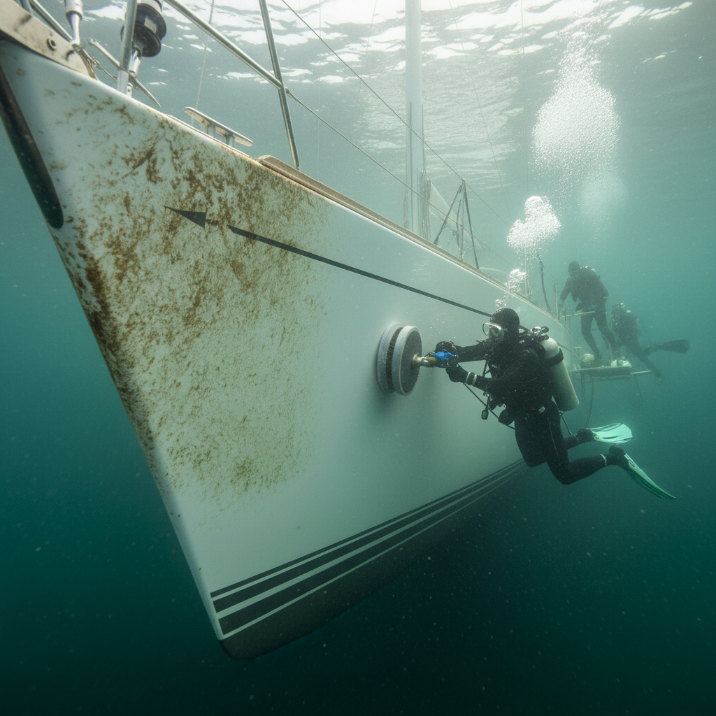 Professional pre-season inspection showing hull cleaning progress in Richmond CA