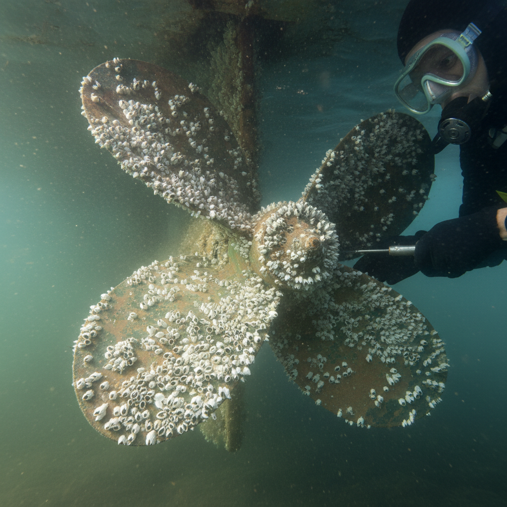 Heavy barnacle growth requiring propeller cleaning Alameda on a boat in the Oakland Estuary