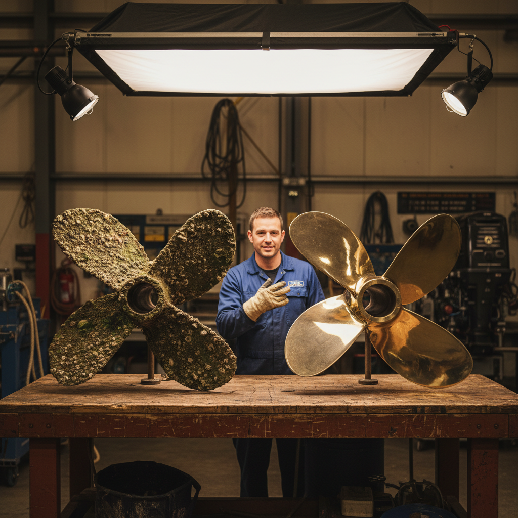 Before and after propeller cleaning Alameda showing polished bronze blades