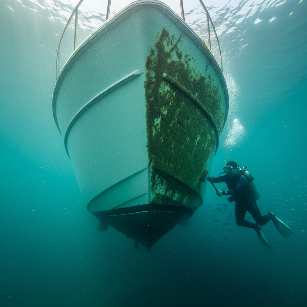 Before and after Sausalito hull cleaning showing biofilm removal on a luxury vessel
