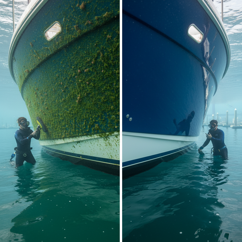 Before and after hull cleaning Sausalito showing removal of Richardson Bay slime