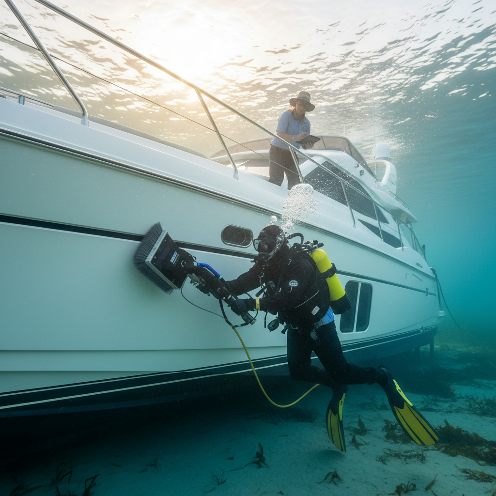 Professional Underwater Maintenance Professional diver performing underwater hull grooming in Sausalito