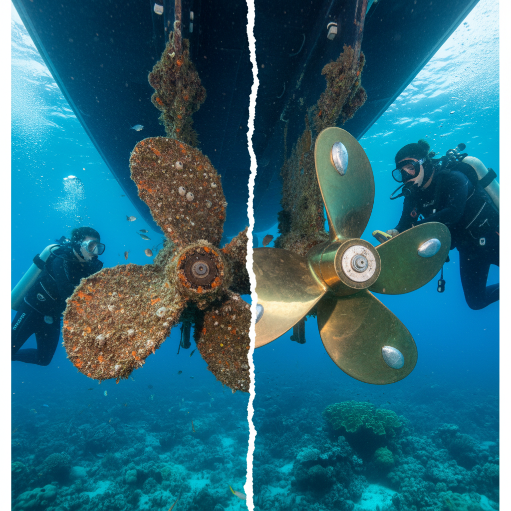 Before and after underwater survey for boat sale showing propeller cleaning