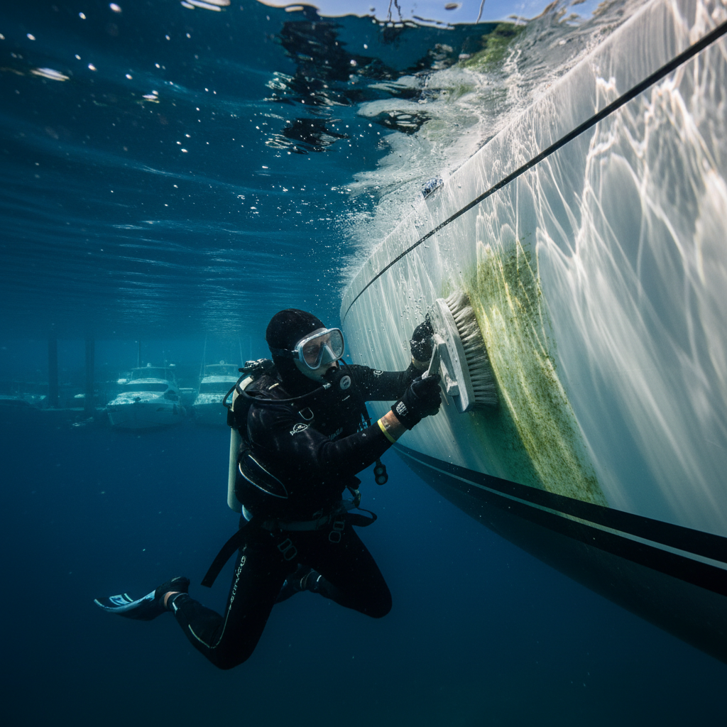 Professional antifouling paint maintenance using soft-scrub techniques on a sailboat hull