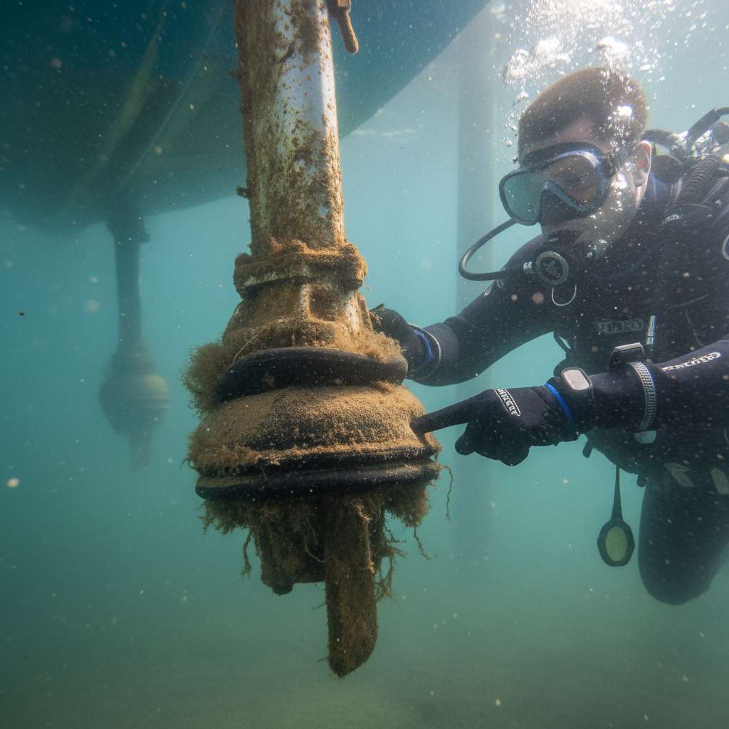 Close-up of a saildrive unit facing Ballena Isle Marina shallow-draft challenges with visible silt buildup