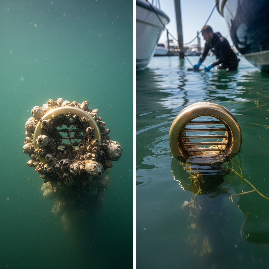 Before and after photo proof of thru-hull cleaning during the Berkeley Marina intake crisis