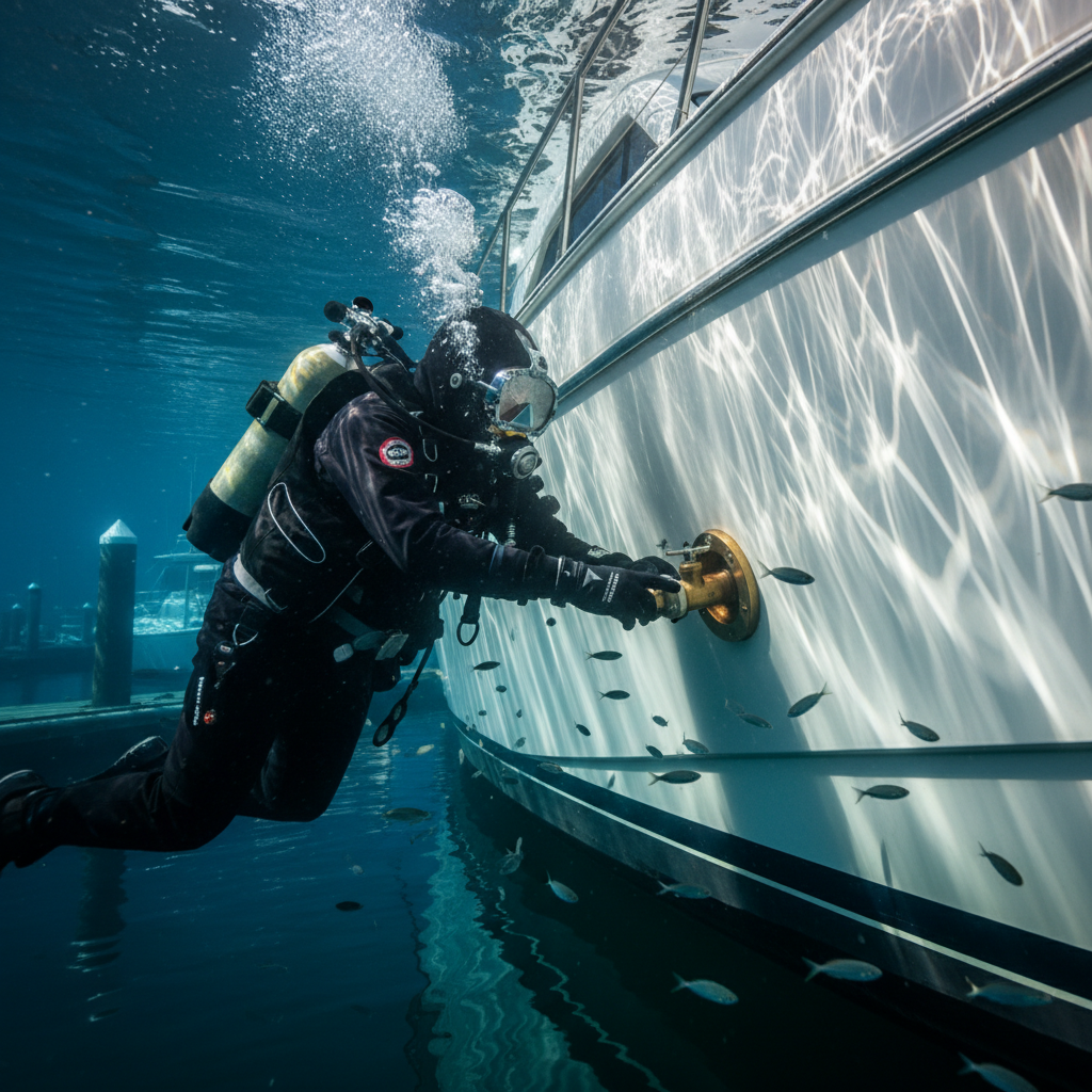 Professional Hull Maintenance Berkeley Professional diver performing engine overheating prevention services at Berkeley Marina