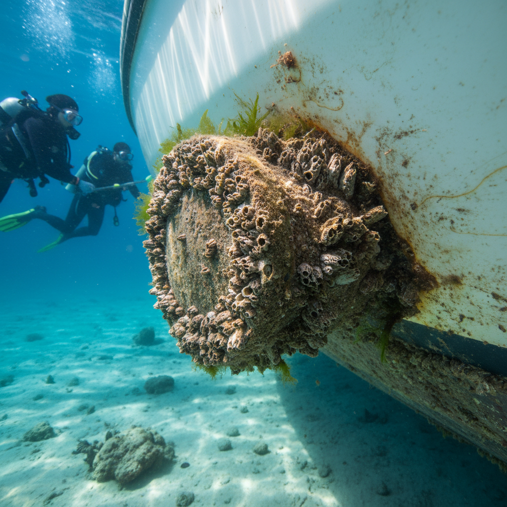 Close-up of transducer fouling causing Brisbane Marina speed loss