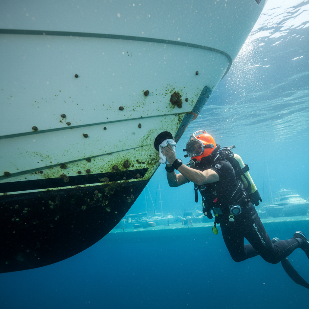 Professional diver performing Clipper Yacht Harbor depth sounder calibration and cleaning