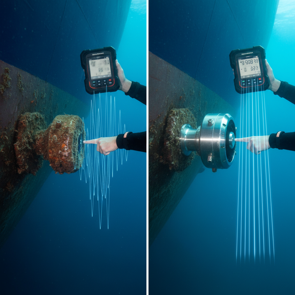 Infographic comparing fouled vs clean transducer for depth sounder accuracy