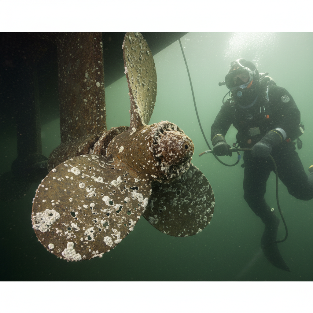 Severe stray current corrosion on a boat propeller at a marina