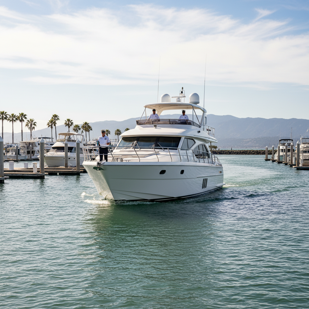 A luxury vessel performing precision docking after Coyote Point thruster maintenance