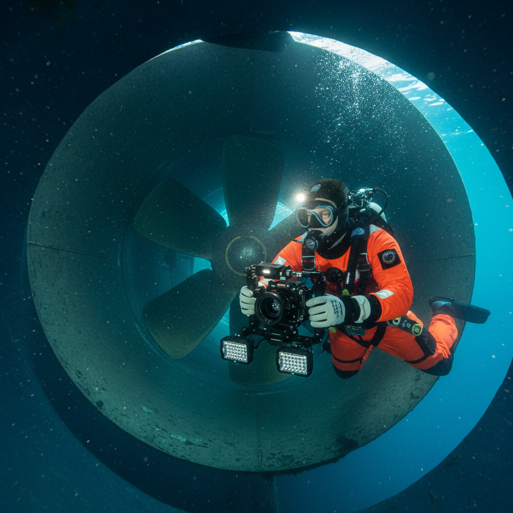 Professional diver performing Coyote Point thruster maintenance inspection