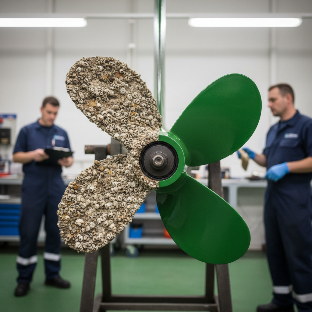 Before and after comparison of propeller cleaning and hard growth prevention