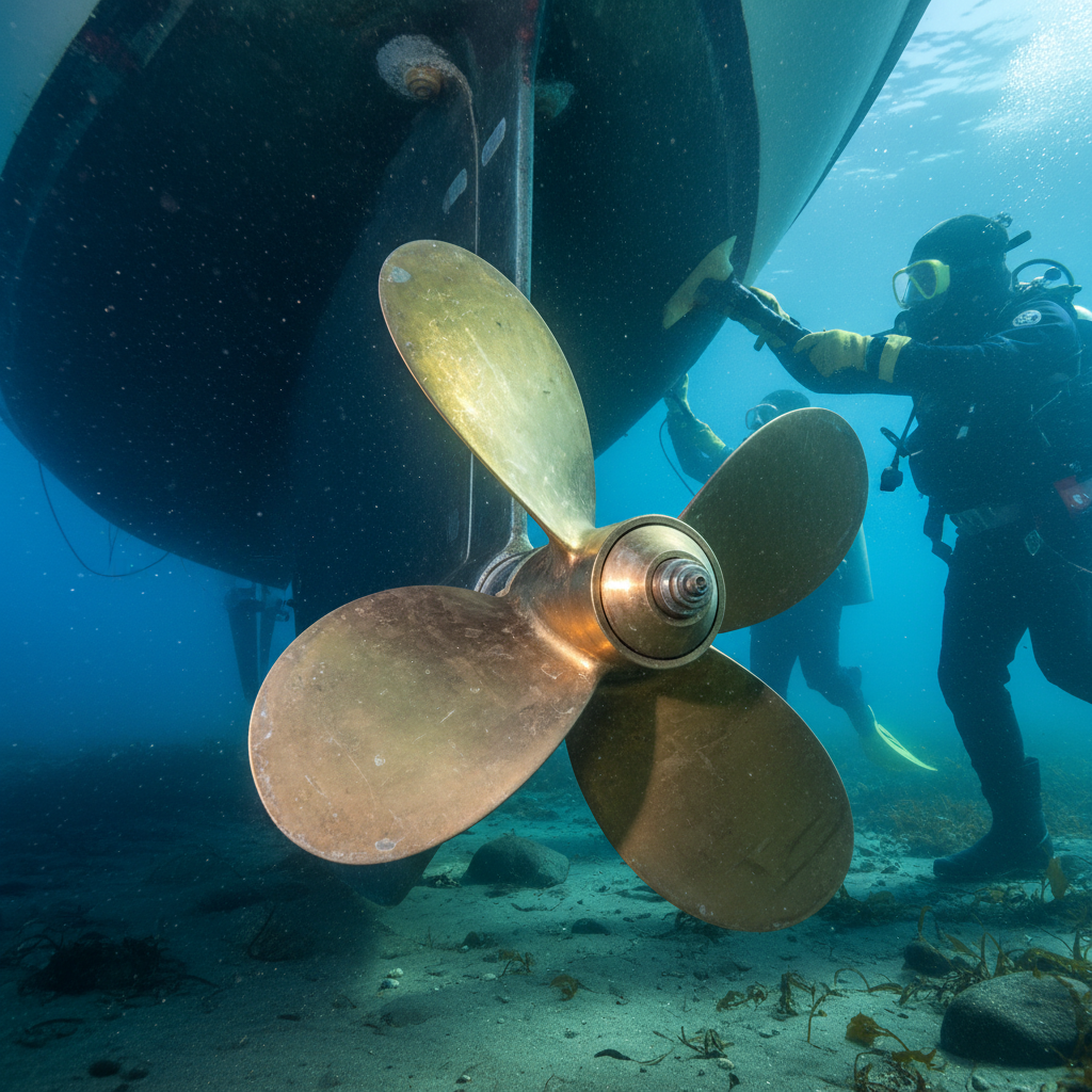Professional Half Moon Bay crab season prep showing clear propeller and shaft