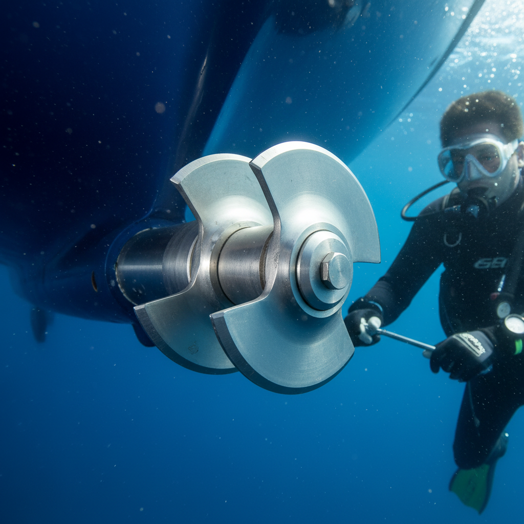 Close-up of a propeller line cutter for rope fouling removal