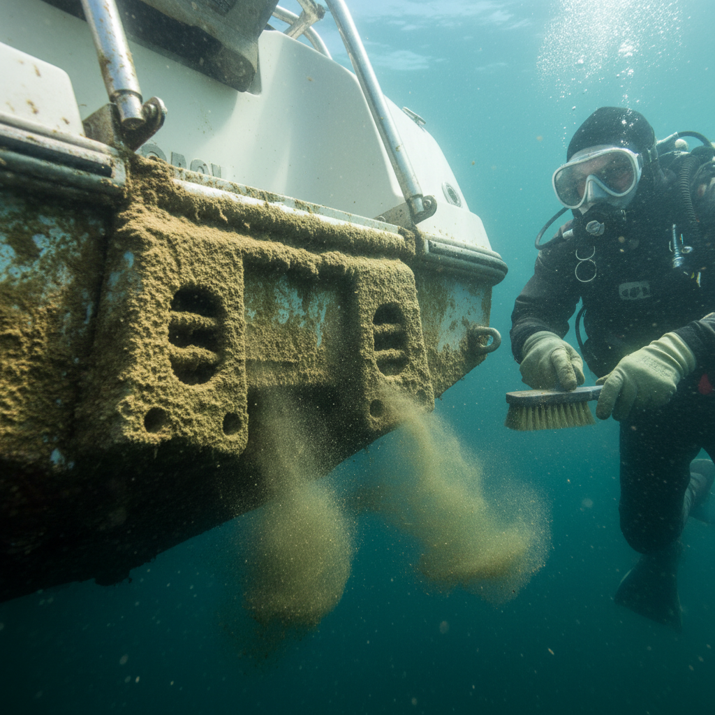 Close-up of stern drive silt damage and clogged water intakes in Martinez Marina