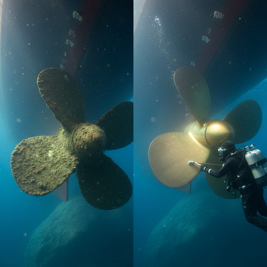 Before and after Martinez Marina silt management service on a boat propeller