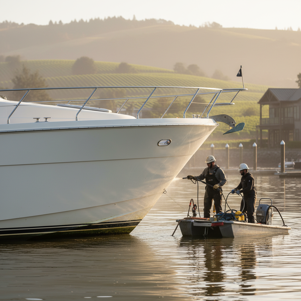 Luxury yacht hull showing freshwater transition fouling in the Napa River