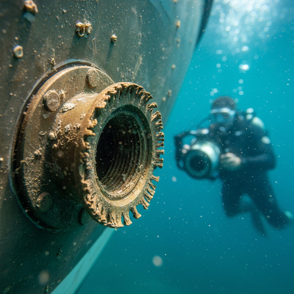 Close-up of thru-hull abrasion caused by Petaluma River silt scouring