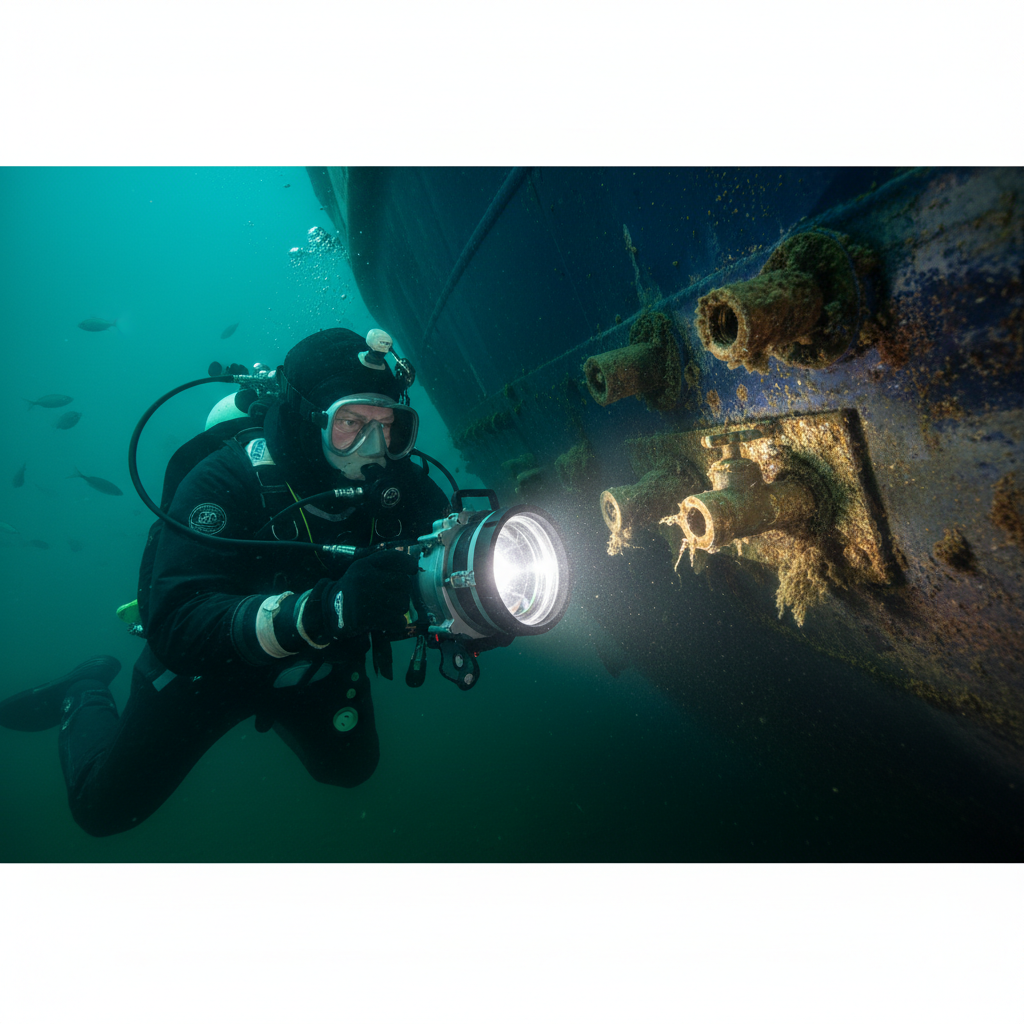 Professional diver performing underwater hull maintenance in Petaluma