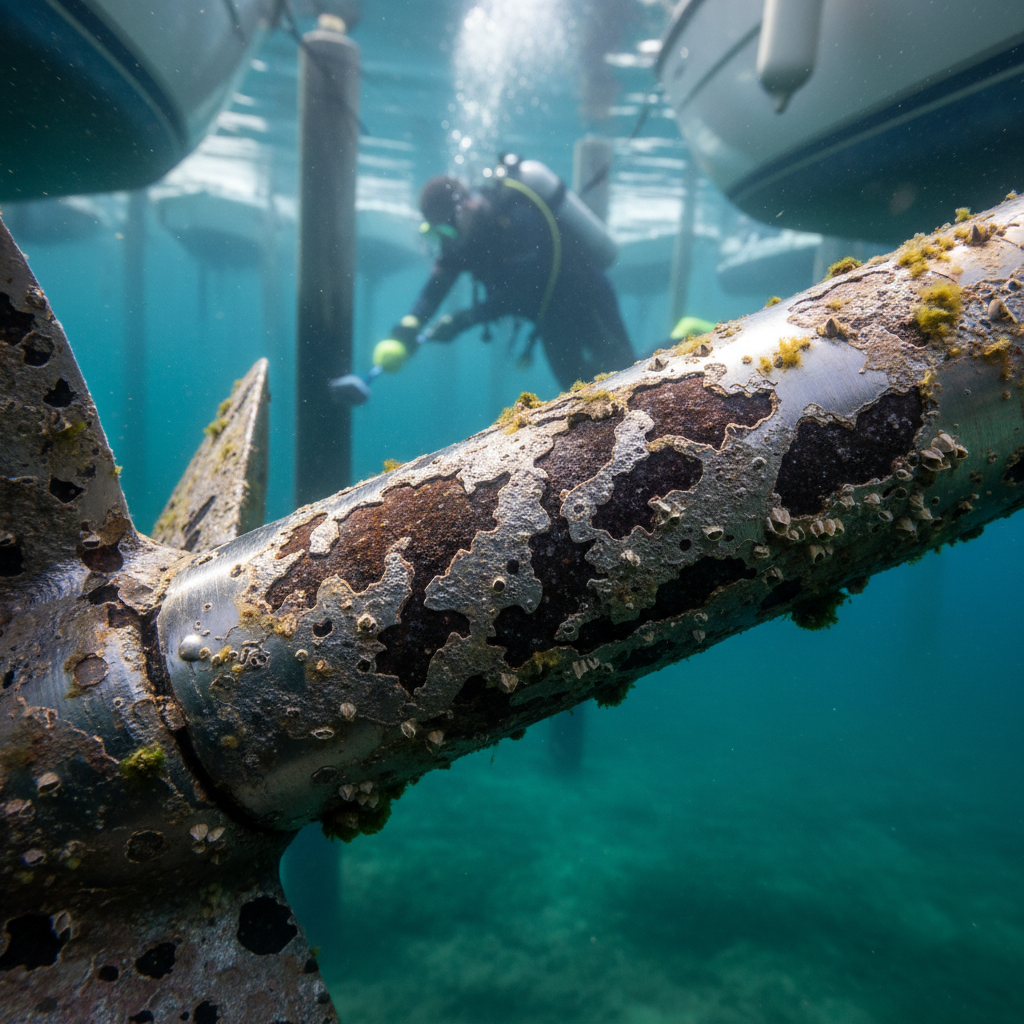 Close up of boat shaft pitting caused by Pittsburg Marina stray current