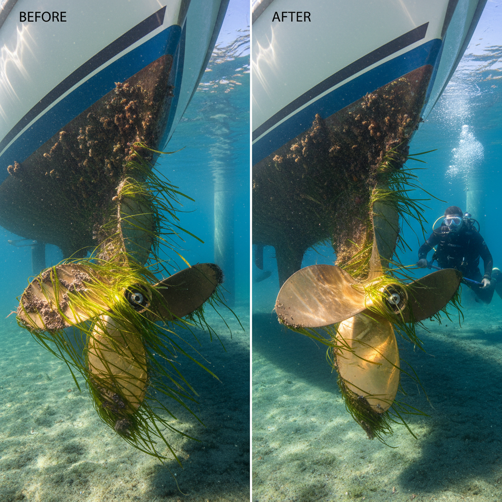 Before and after eelgrass removal at Point San Pablo Yacht Harbor showing clean propeller vs fouled gear
