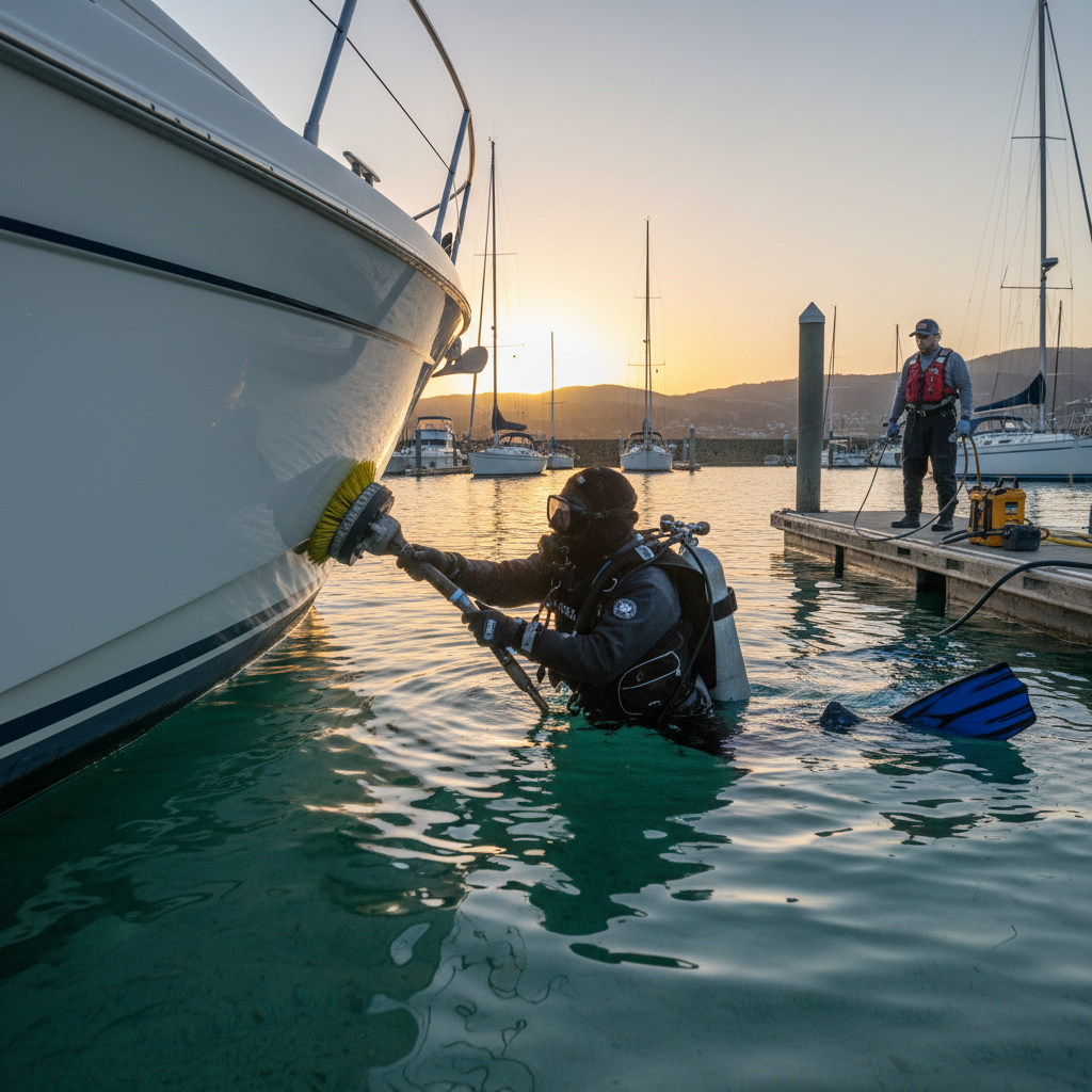 Professional diver performing shallow water hull maintenance in Richmond CA