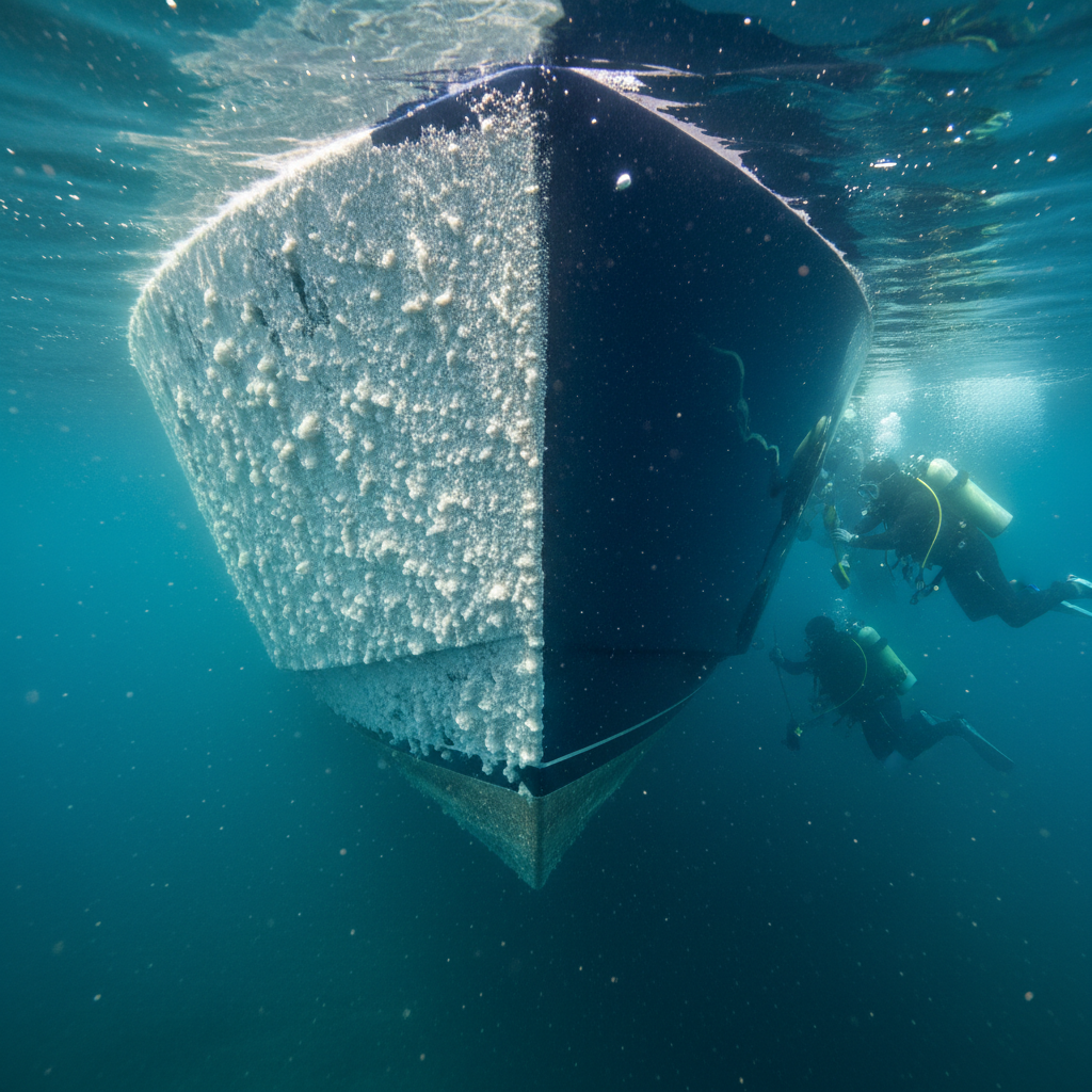 Comparison of Redwood City salt-crystallization on a boat hull vs a clean surface