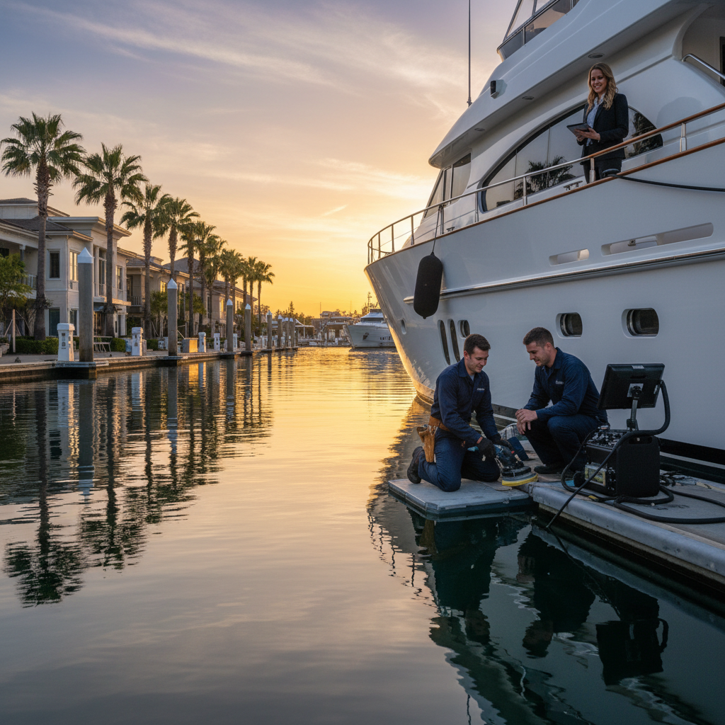 Luxury yacht at Westpoint Harbor requiring specialized Redwood City boat maintenance