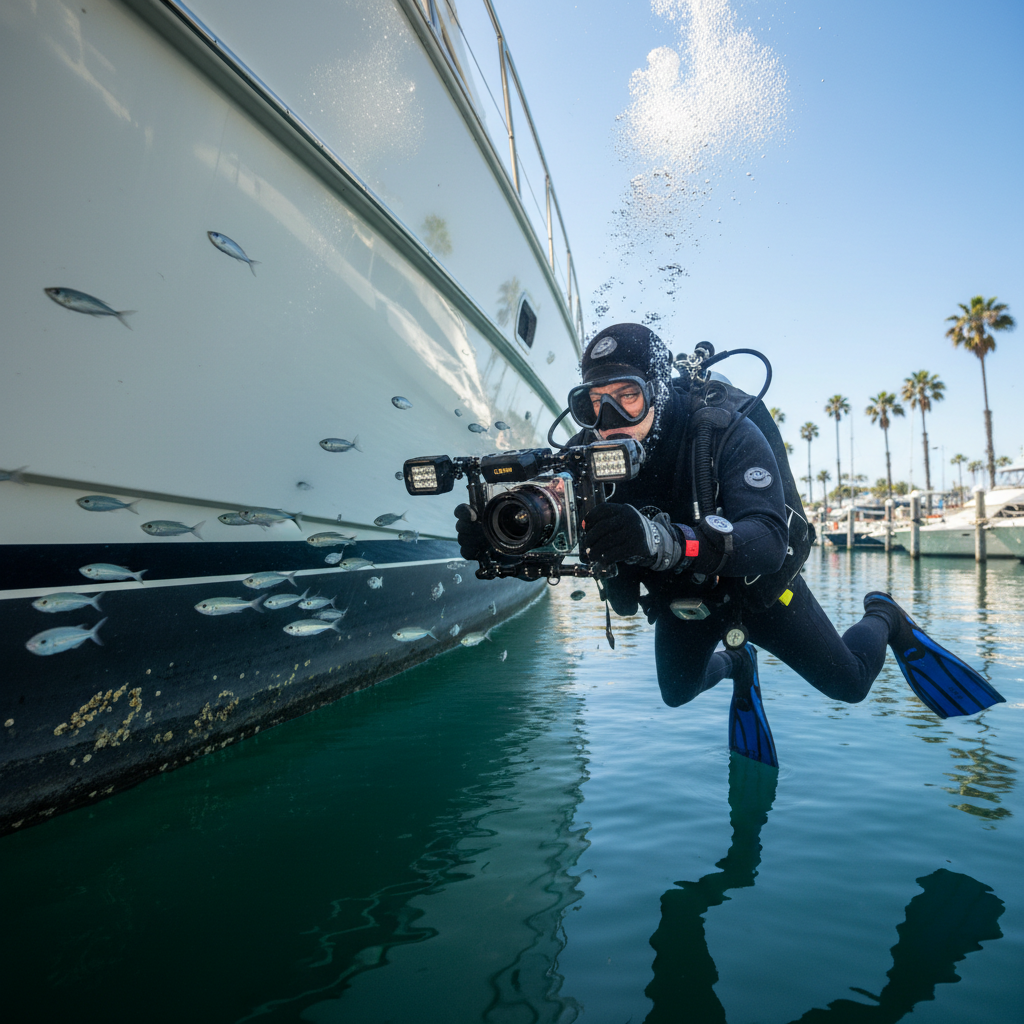 Certified boat diver performing underwater hull maintenance liability check