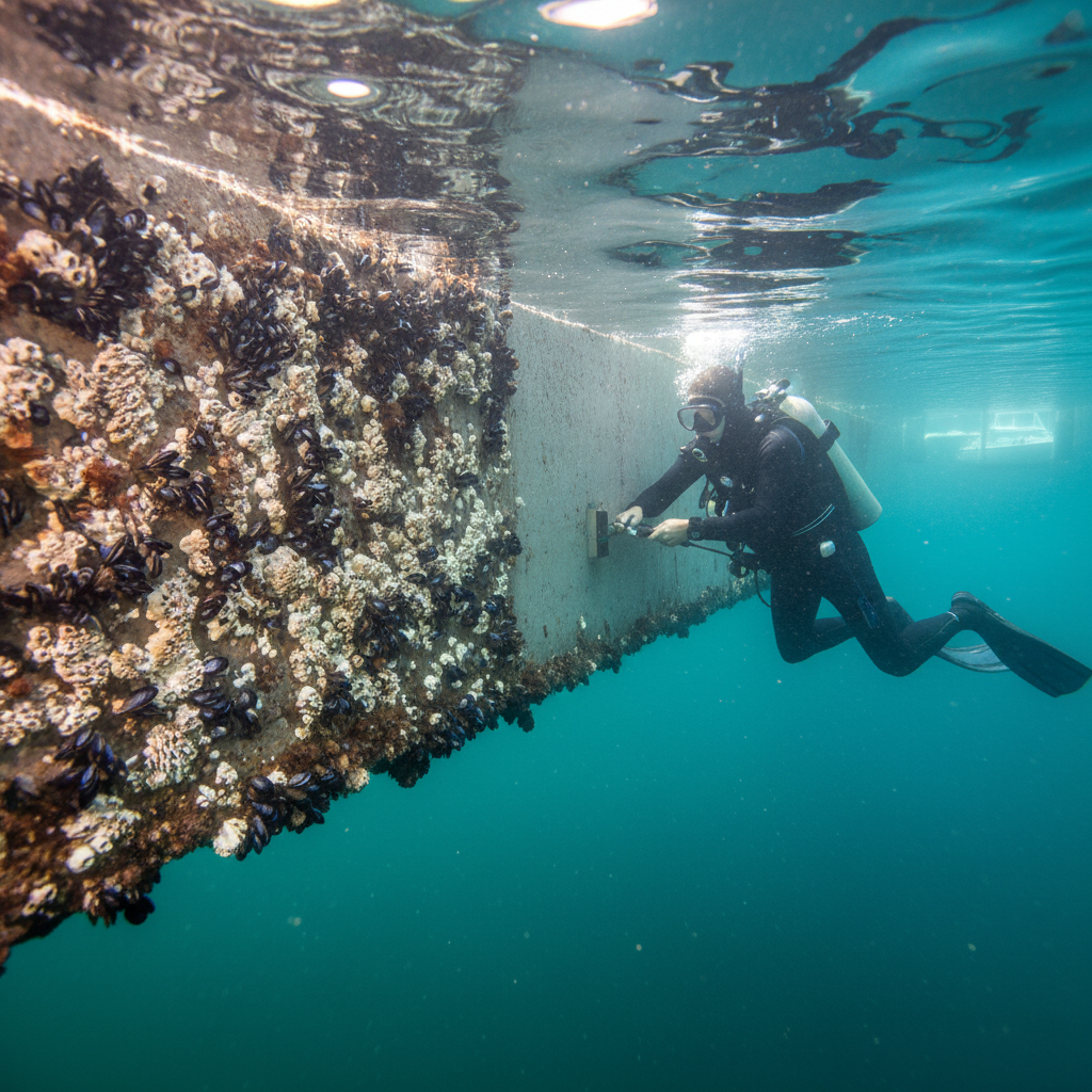 Before and after cleaning showing Sausalito houseboat hull integrity on a concrete float