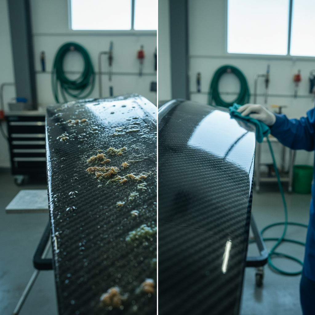 Before and after hydrodynamic hull cleaning on a hydrofoil