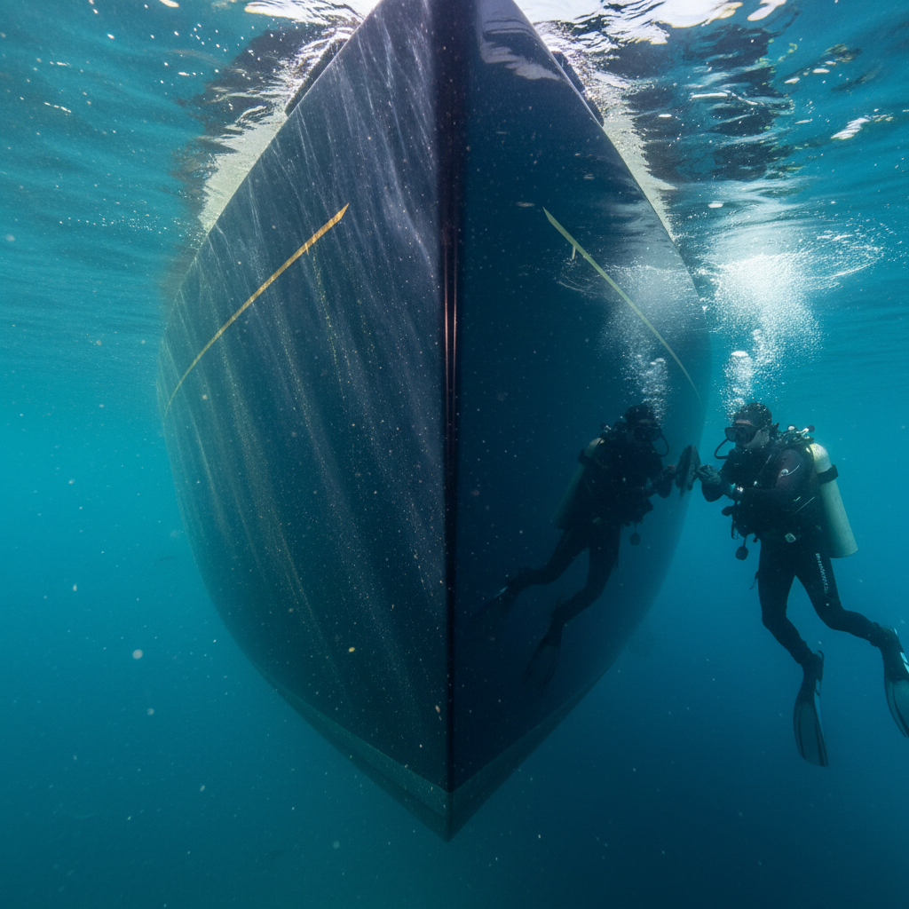 Comparison showing micro-fouling removal on a racing yacht hull for St. Francis Yacht Club regatta prep