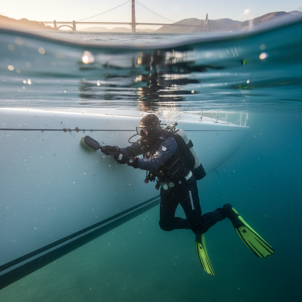 Professional diver performing underwater racing surface optimization in San Francisco Bay