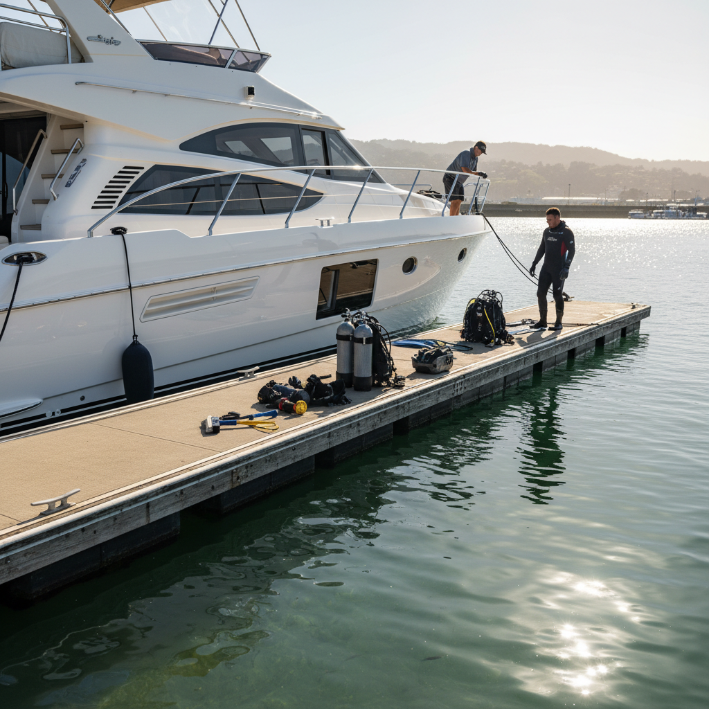 Luxury yacht at Oyster Cove Marina showcasing verified insurance hull diving standards