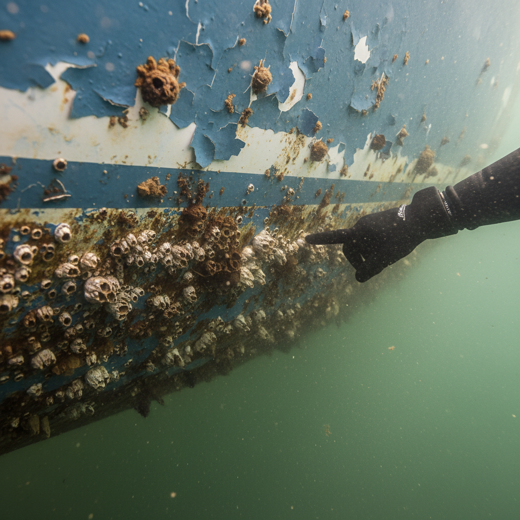 Failing Berkeley Marina bottom paint with heavy barnacle growth and copper leaching failure