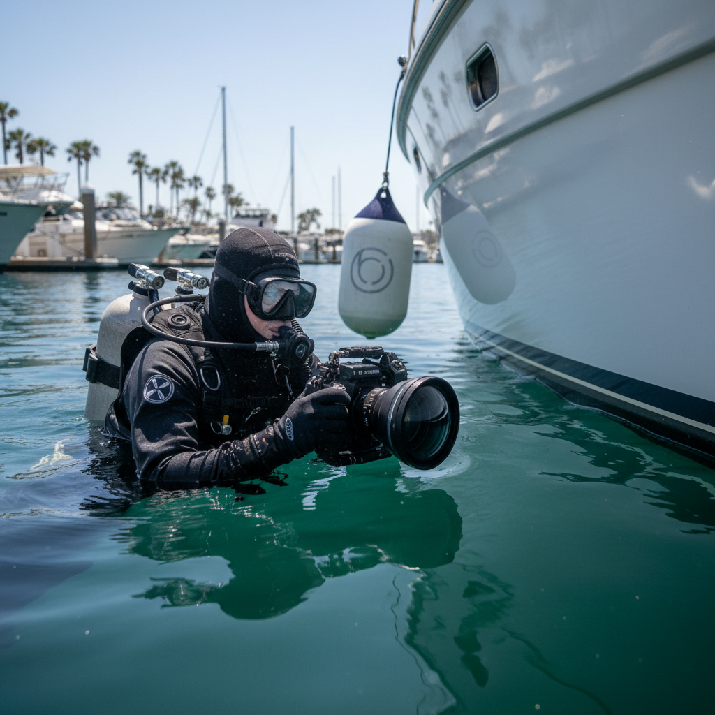 Professional hull diver performing an underwater inspection to prevent paint warranty fraud