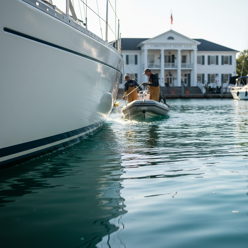 Clean sailboat hull during a Corinthian Yacht Club hull audit in Tiburon