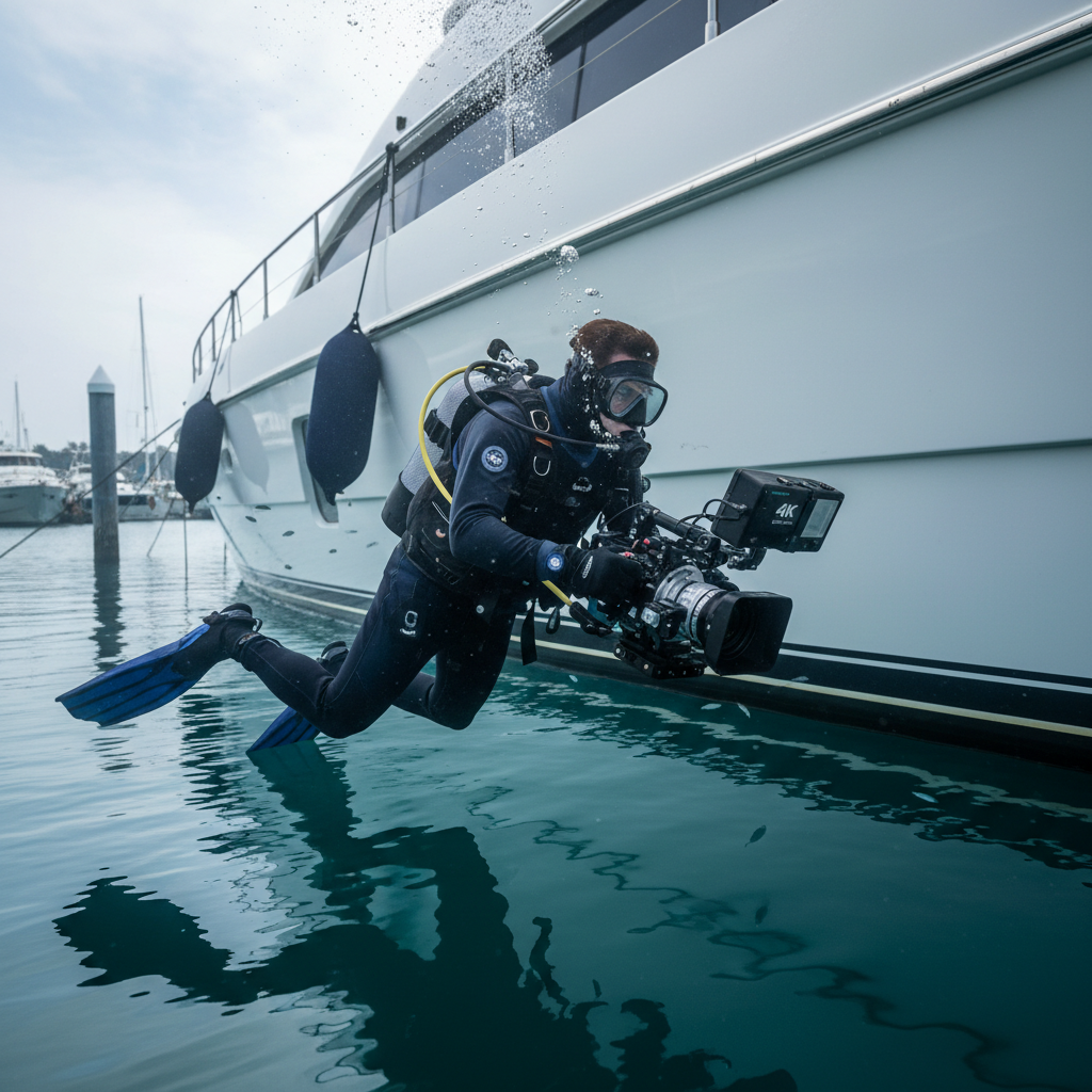 Professional diver performing soft-touch hull maintenance inspection with 4K camera