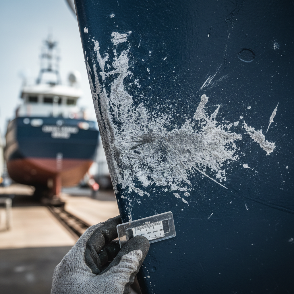 Close-up of gelcoat abrasion on a yacht hull caused by improper Marina Village hull maintenance