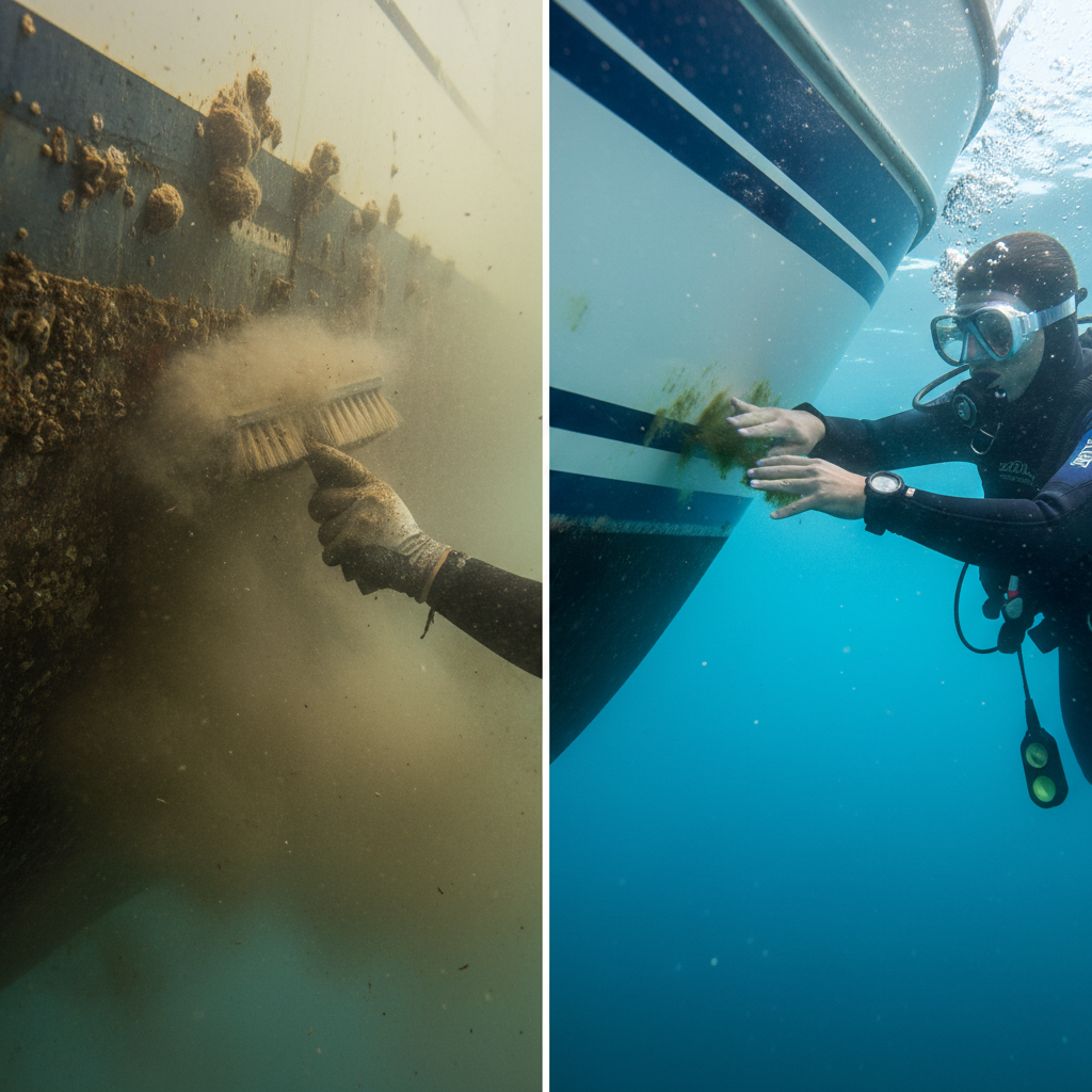 Comparison of abrasive brush cleaning vs professional Marina Village hull maintenance