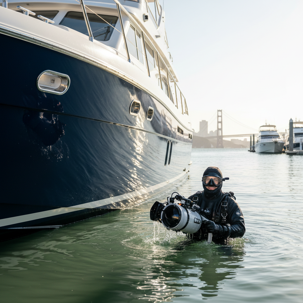 Professional marine services / underwater hull maintenance being performed on a yacht in San Francisco
