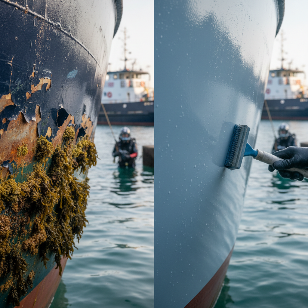 Comparison of reactive scrubbing versus proactive marine services / underwater hull maintenance