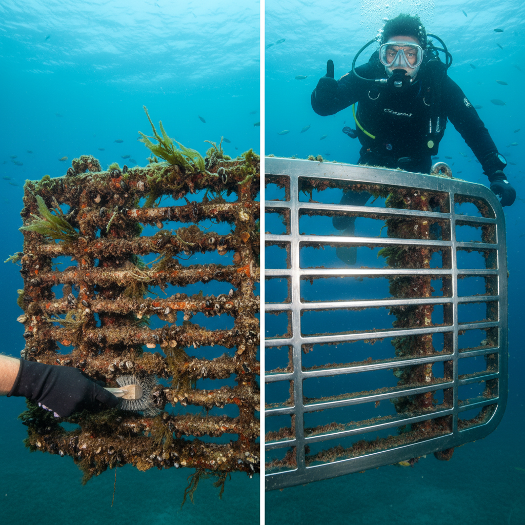 Before and after underwater intake cleaning at Pier 32 Marina showing barnacle removal